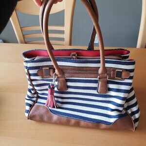 Aldo White and Navy Canvas, Faux Leather trim Shoulder Bag